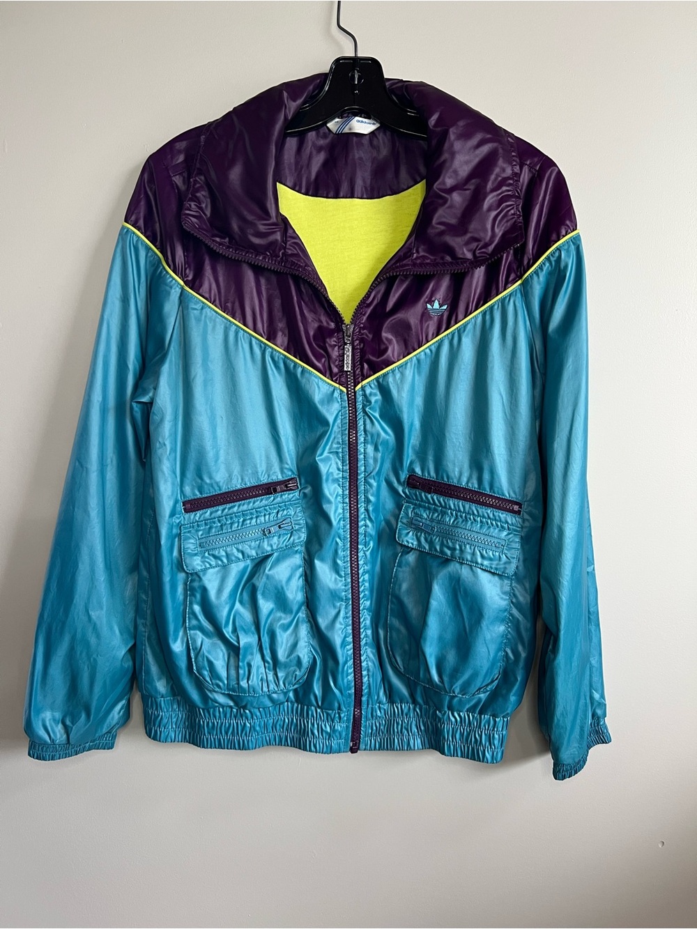 Vintage Adidas Windbreaker Jacket Size L 90s Teal Purple Neon Colorblock Retro